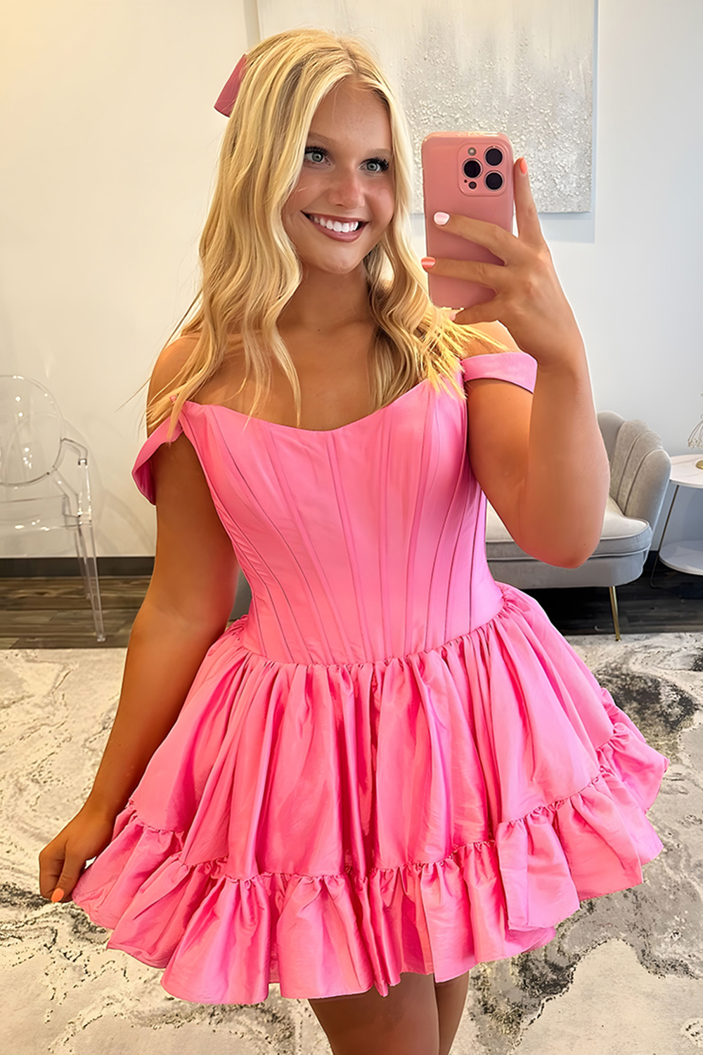 Emerald Green Satin Off the Shoulder Short Corset Homecoming Dress with Ruffles