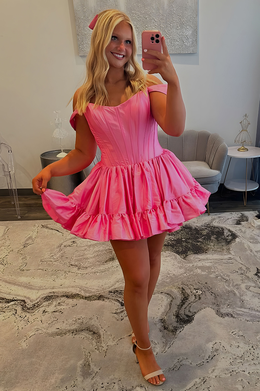 Emerald Green Satin Off the Shoulder Short Corset Homecoming Dress with Ruffles