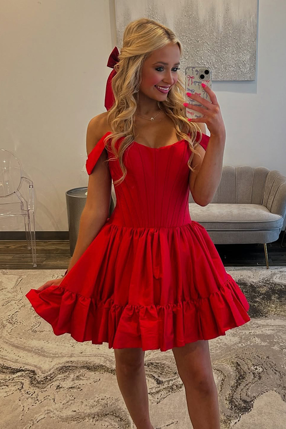 Emerald Green Satin Off the Shoulder Short Corset Homecoming Dress with Ruffles