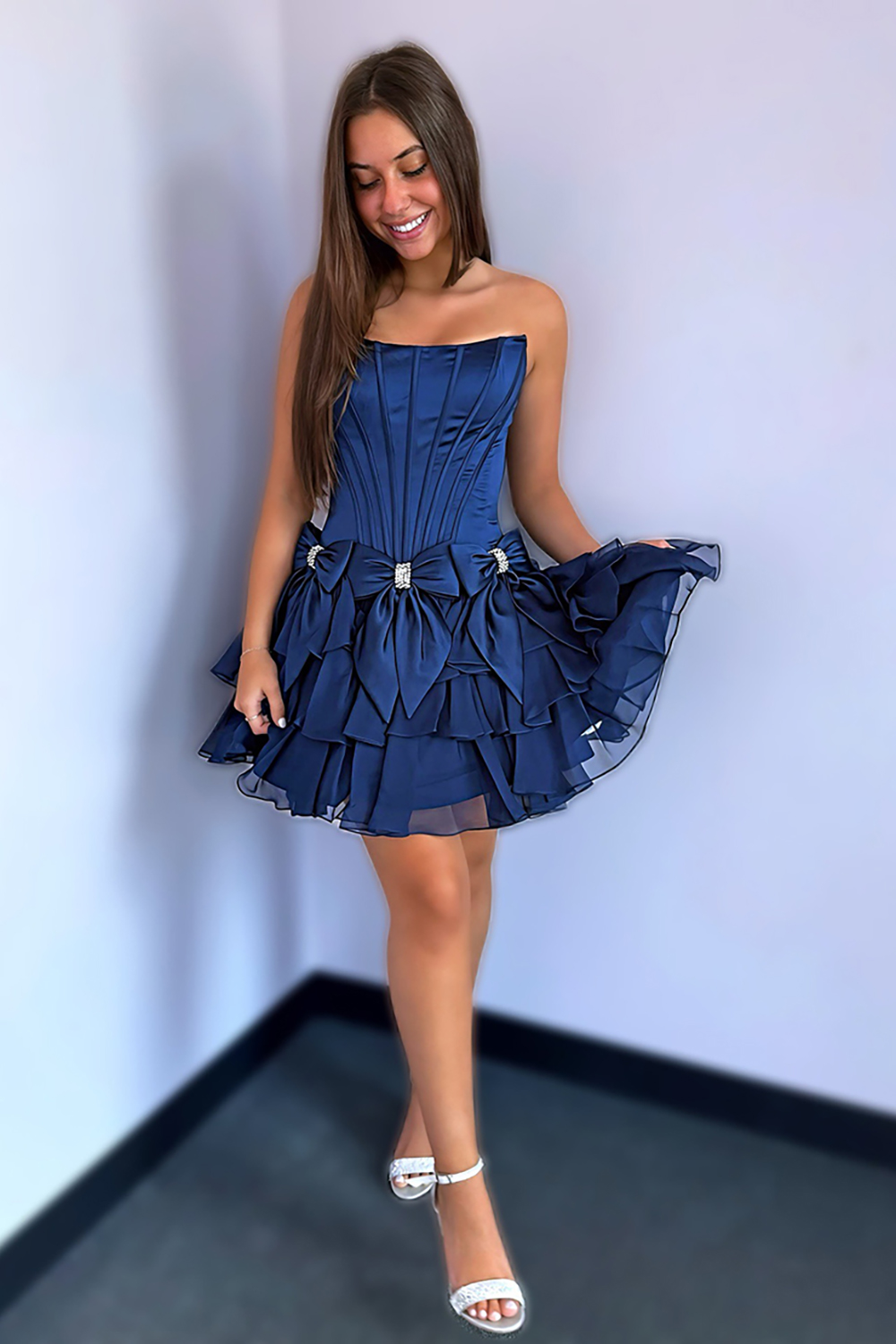 Cute Navy Satin Strapless A Line Short Corset Homecoming Dress with Bows