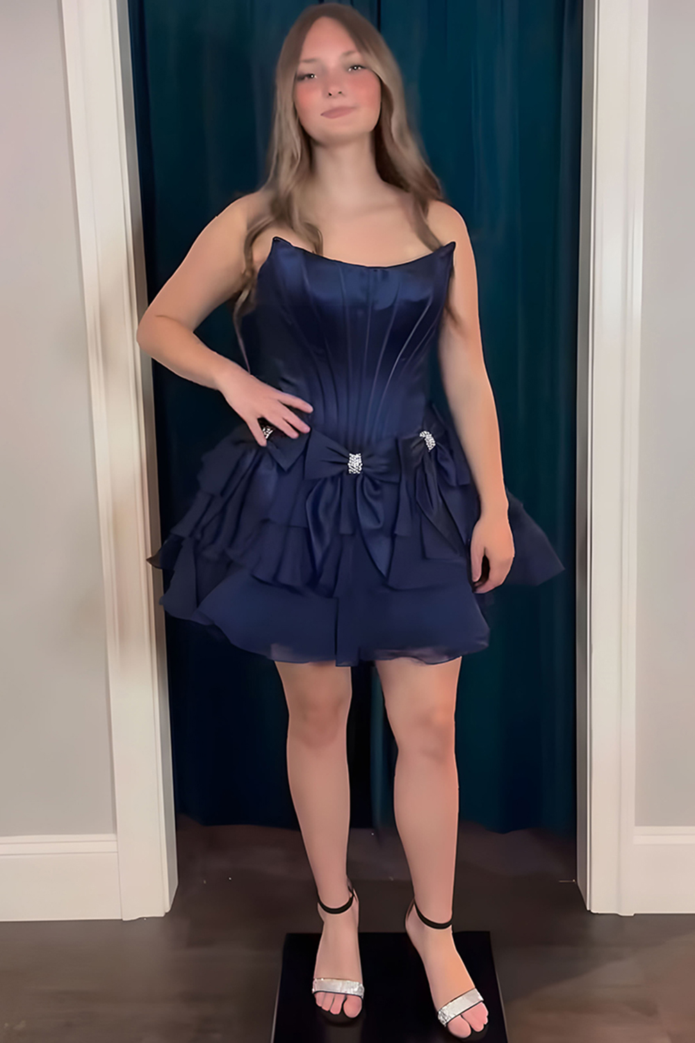 Cute Blue Beaded A Line Short Corset Homecoming Dress with Bows