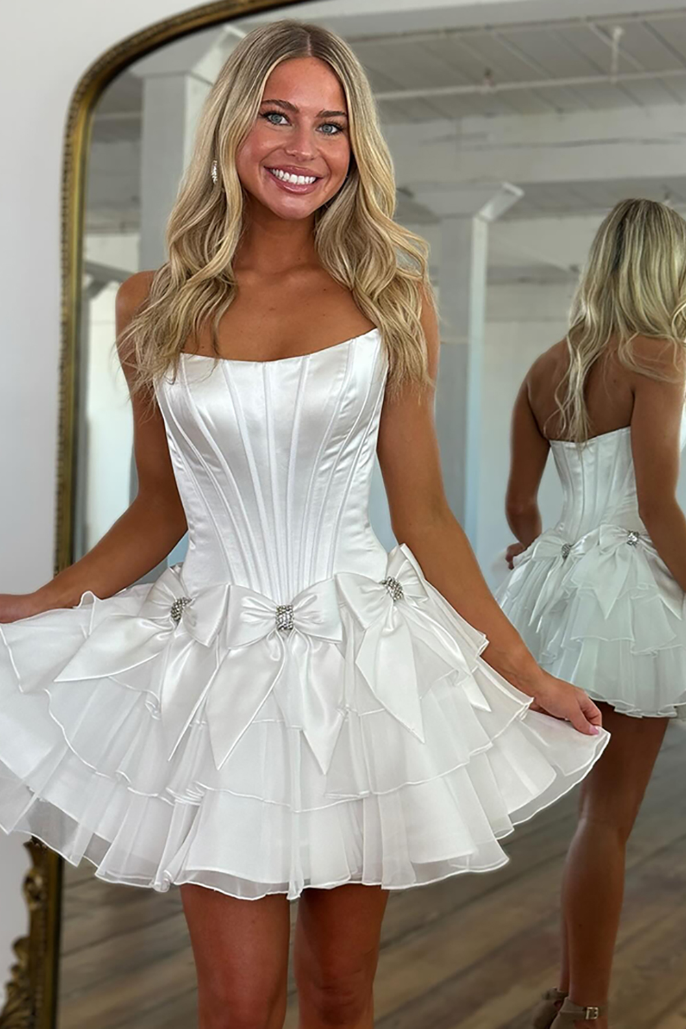 Cute Light Blue Beaded A Line Short Corset Homecoming Dress with Bows