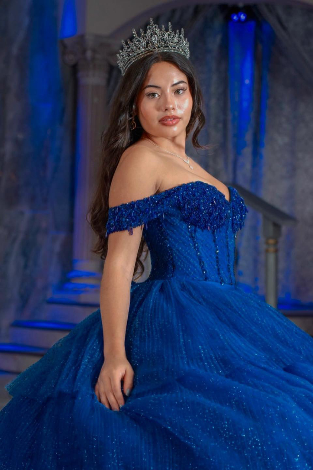 Sparkly Royal Blue Tulle Corset Tiered Princess Ball Gown Long Quinceanera Dress
