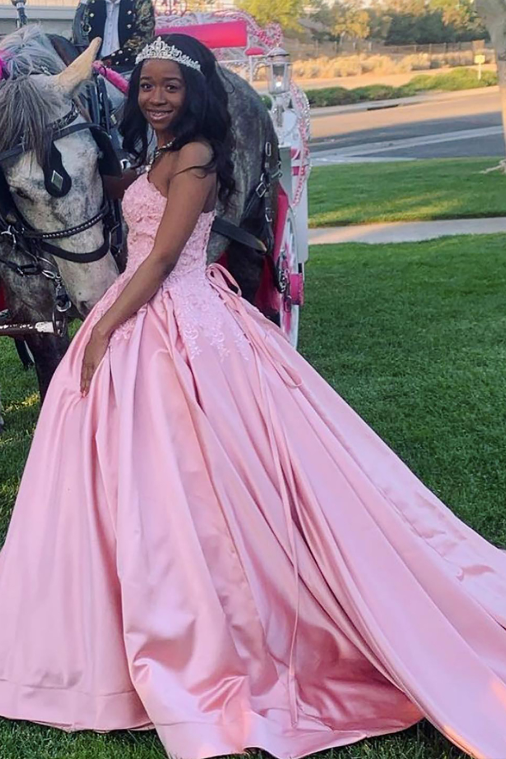 Pink Satin Princess Sweetheart Ball Gown Long Quinceanera Dress with Lace