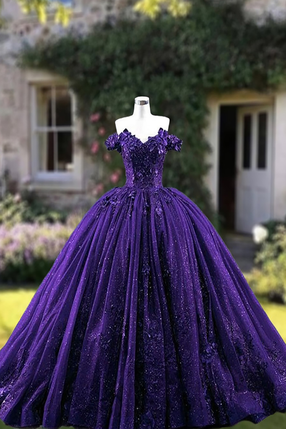 Glitter Purple Off The Shoulder Corset Princess Ball Gown Long Quinceanera Dress