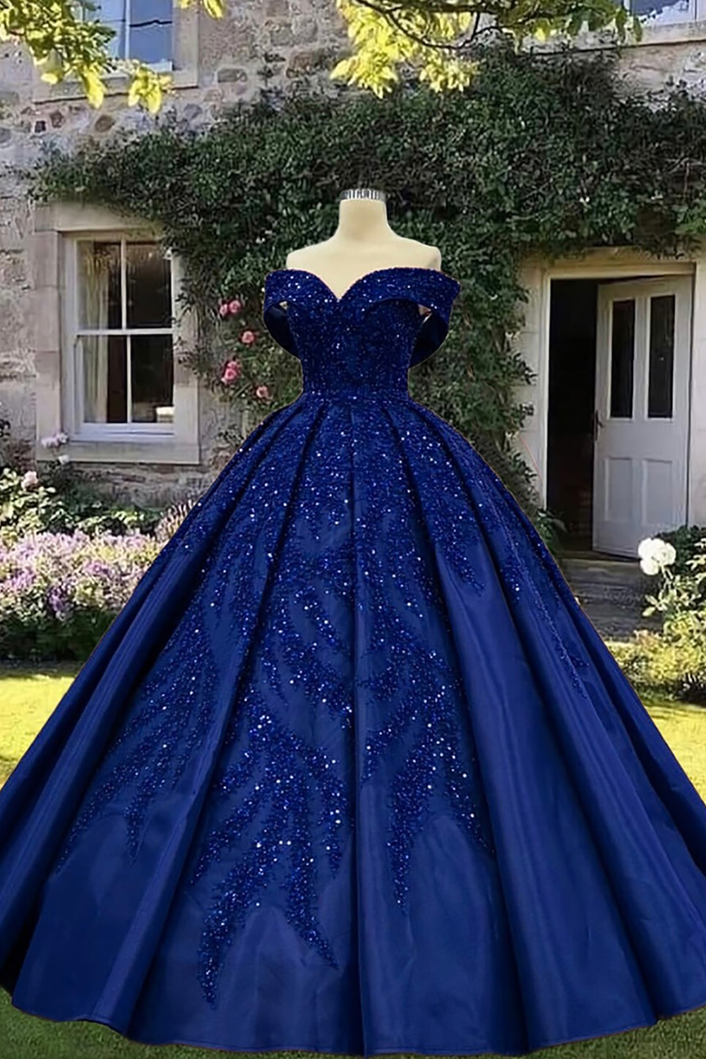 Sparkly Royal Blue Satin Princess Ball Gown Long Quinceanera Dress with Sequins