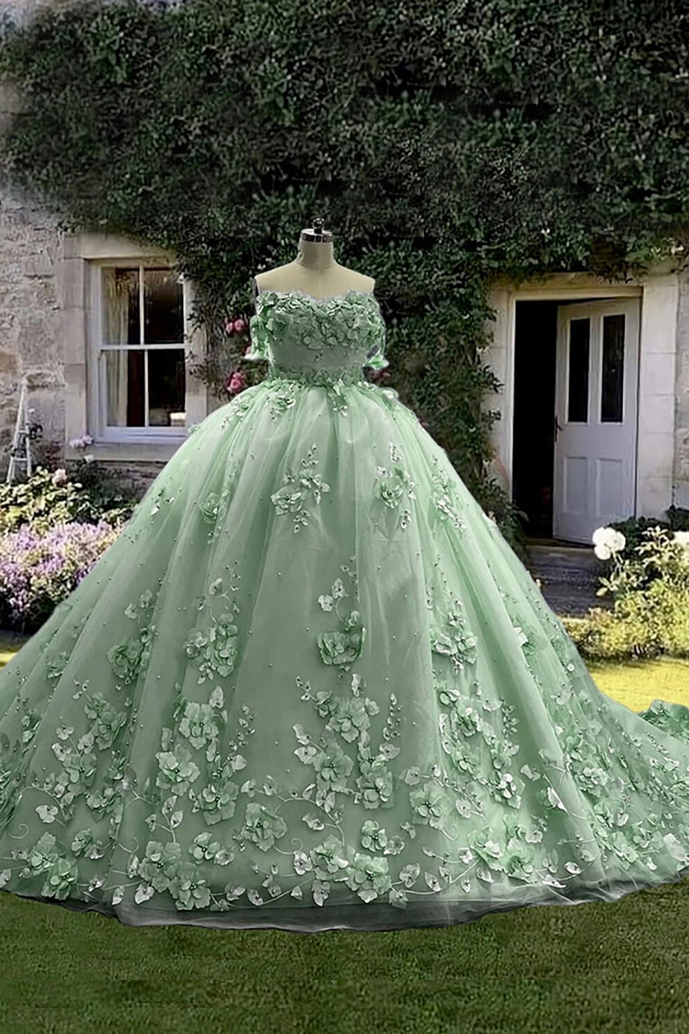 Blue Floral Off The Shoulder Princess Ball Gown Long Quinceanera Dress