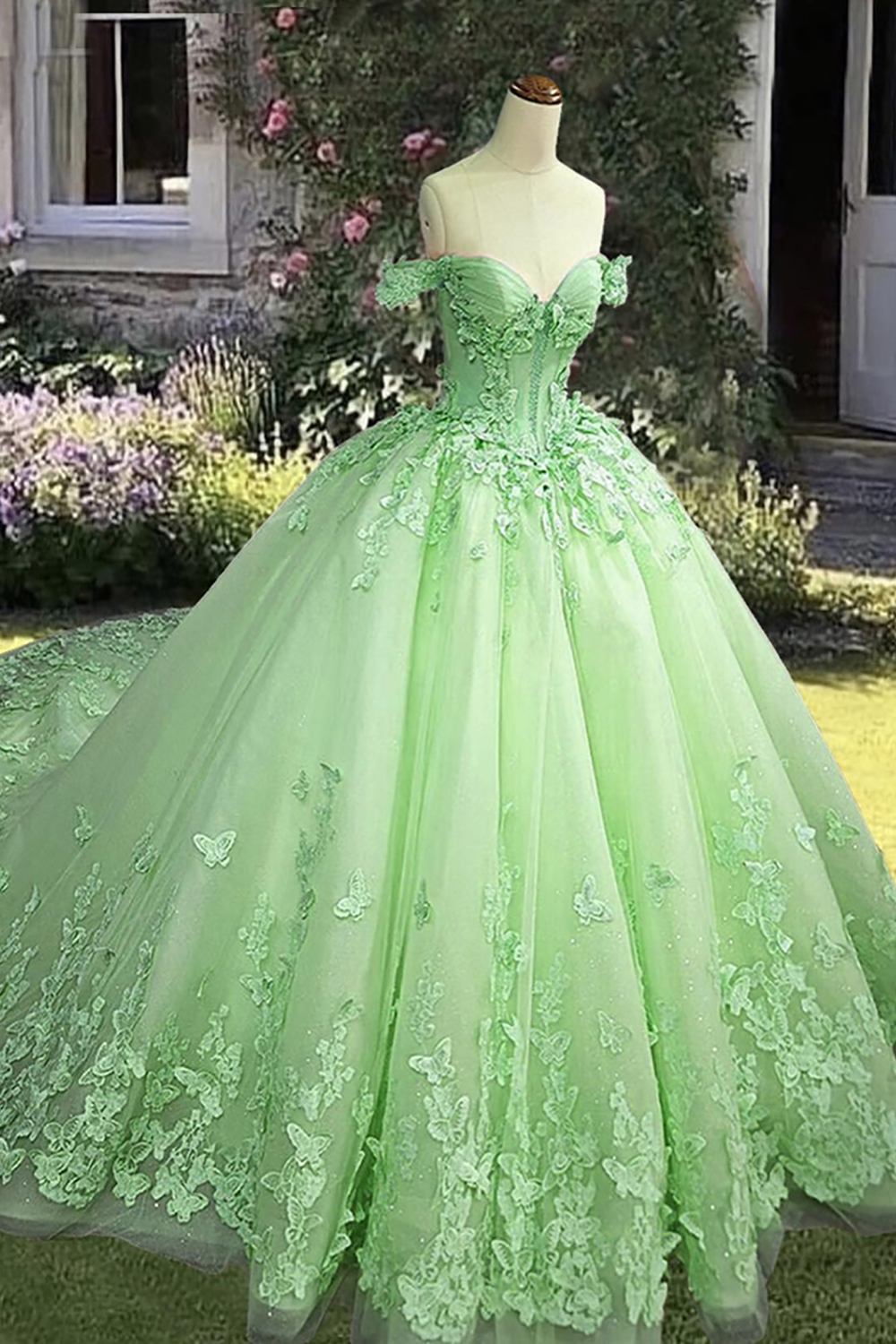 Pink Corset Off The Shoulder Princess Ball Gown Long Quinceanera Dress with Butterflies