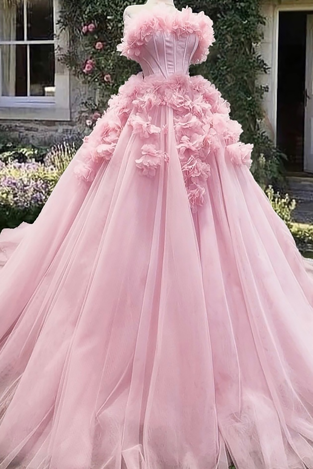 Pink Tulle Floral Corset Princess Ball Gown Long Quinceanera Dress