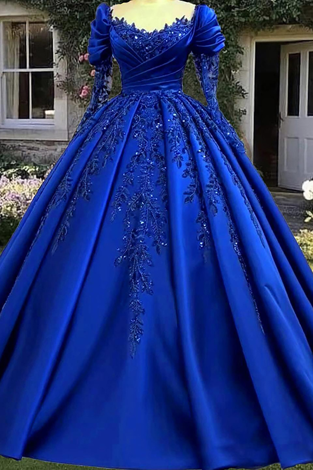 Sparkly Royal Blue Ruched Appliqued Princess Ball Gown Long Sleeves Quinceanera Dress
