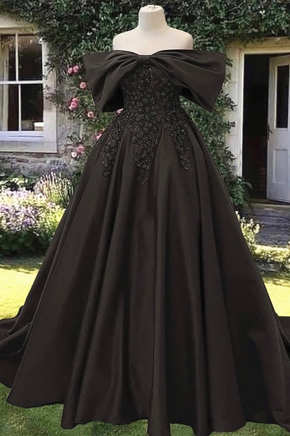 Black Satin Off The Shoulder Princess Ball Gown Long Quinceanera Dress with Lace