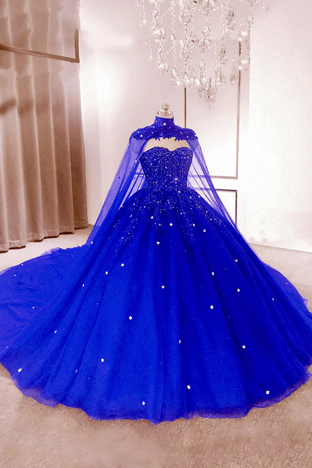 Sparkly Navy Tulle Beaded Princess Ball Gown Long Quinceanera Dress with Cape