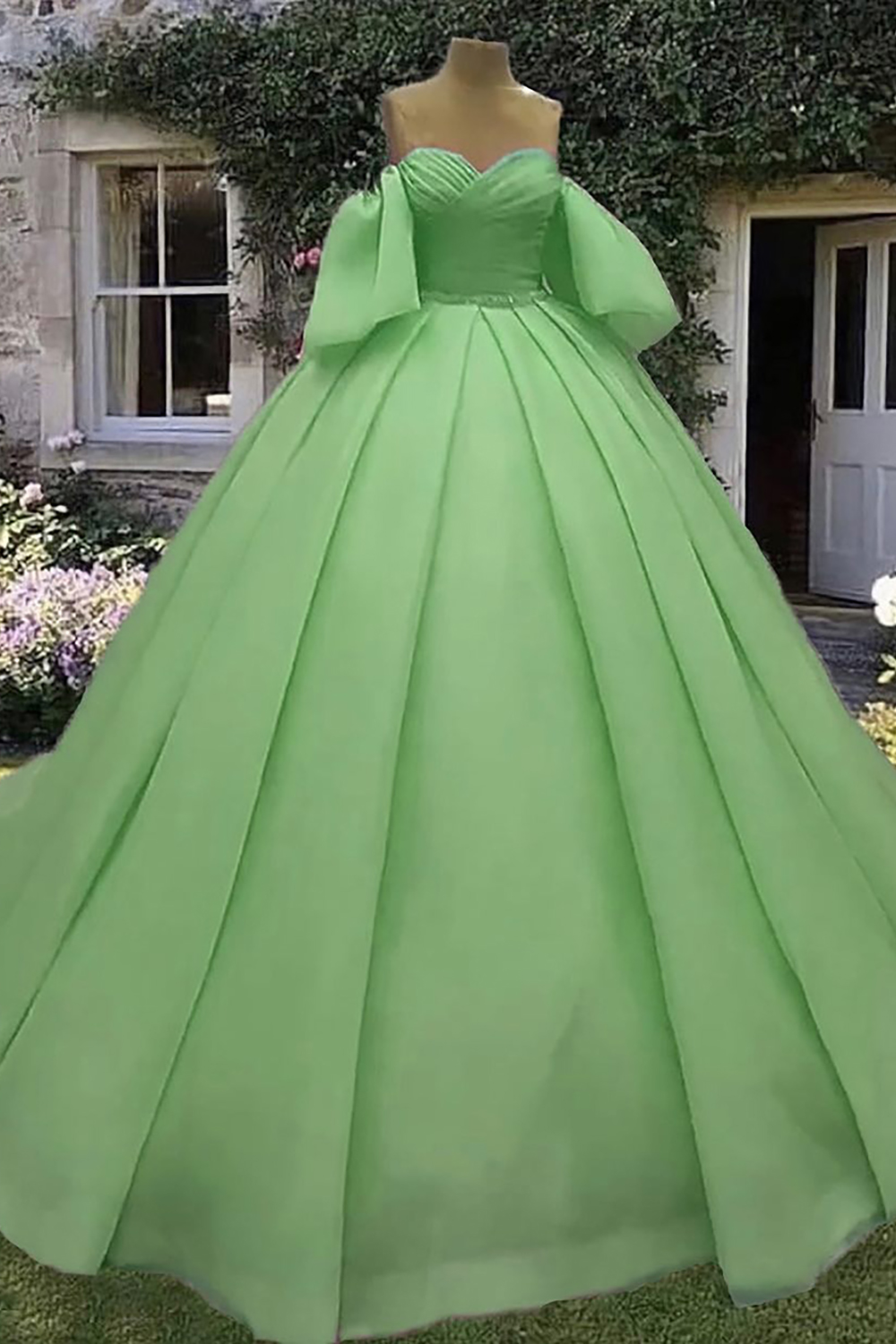 Green Satin Ruched Sleeves Princess Ball Gown Long Quinceanera Dress