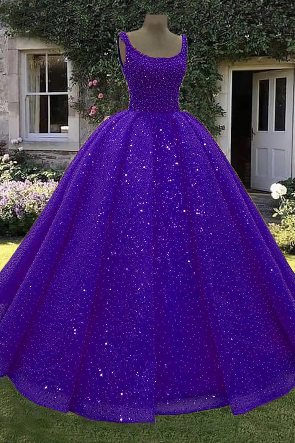 Sparkly Purple Sequins Scoop Neck Princess Ball Gown Long Quinceanera Dress