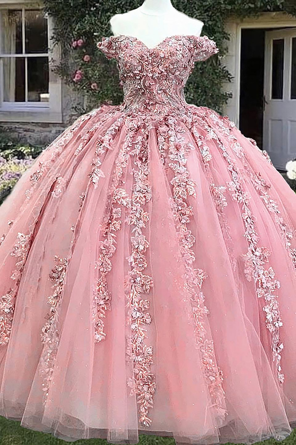 Sparkly Pink Princess Ball Gown Tulle Long Quinceanera Dress with Appliques