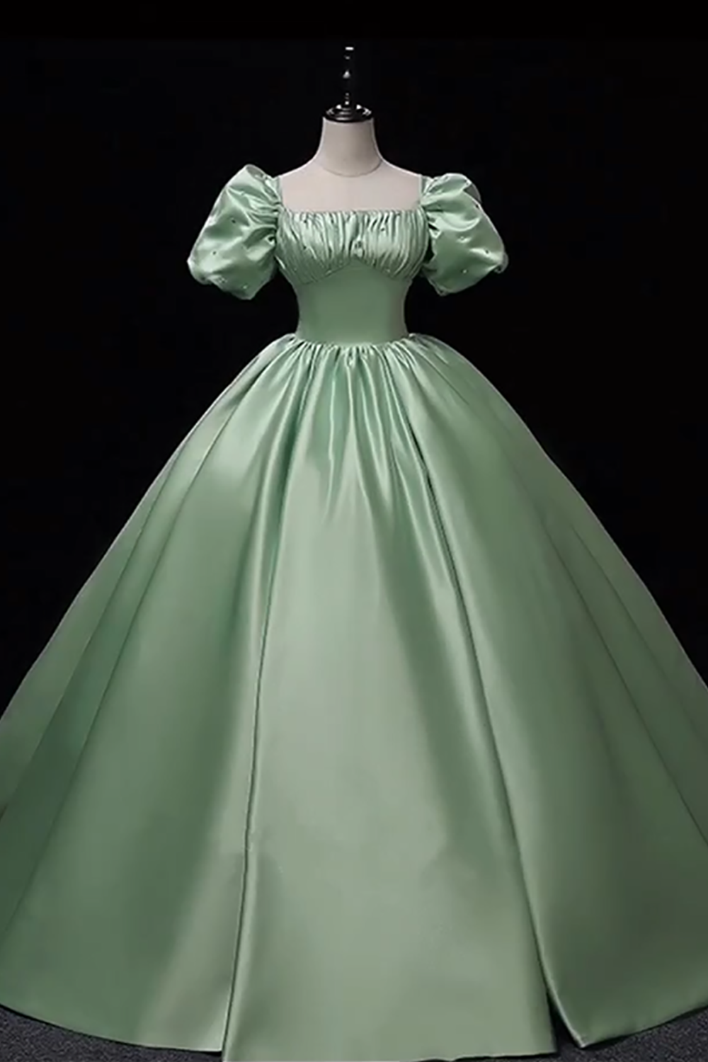 Sage Satin Short Sleeves Square Neck Princess Ball Gown Long Quinceanera Dress