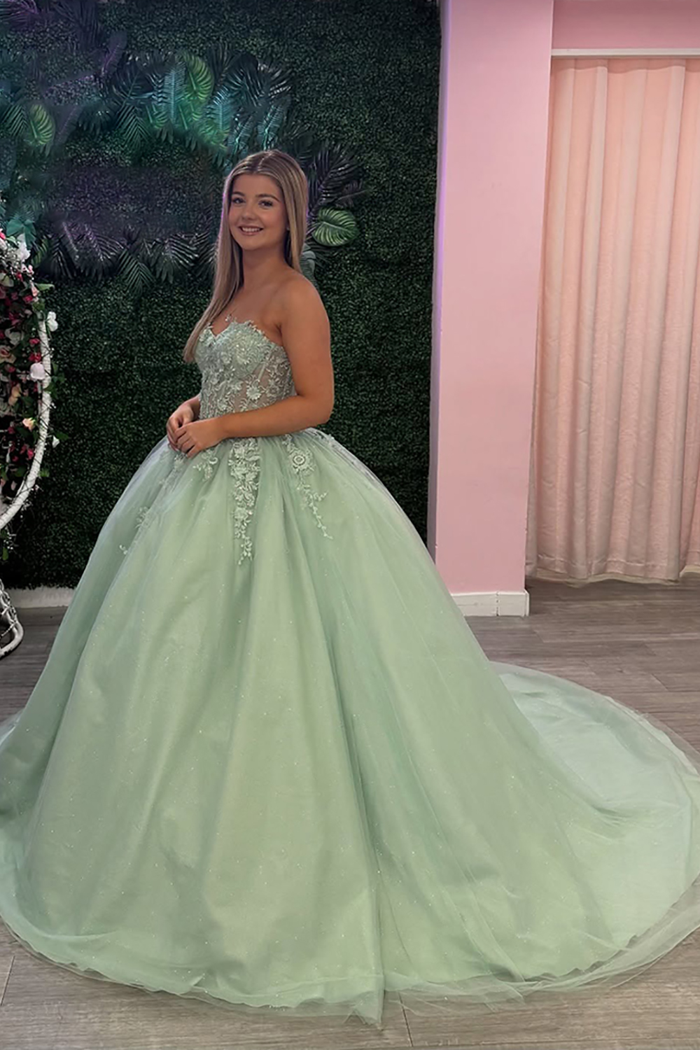 Sage Tulle Corset Sweetheart Princess Ball Gown Long Quinceanera Dress with Lace