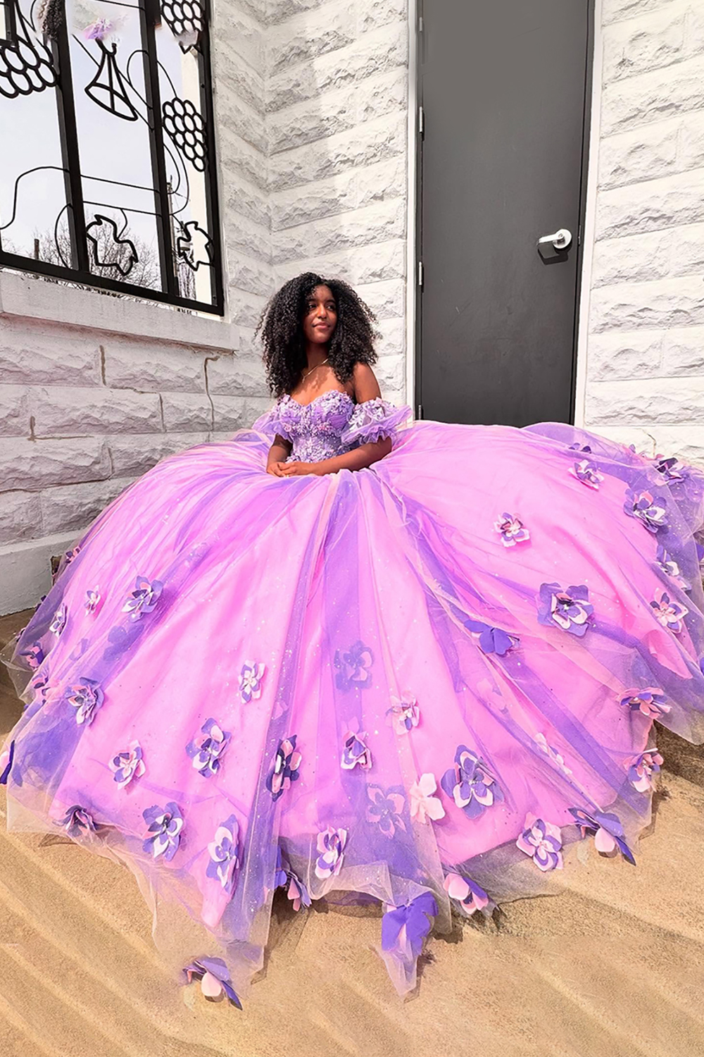 Sparkly Lilac Floral Tulle Princess Ball Gown Ruffled Long Quinceanera Dress