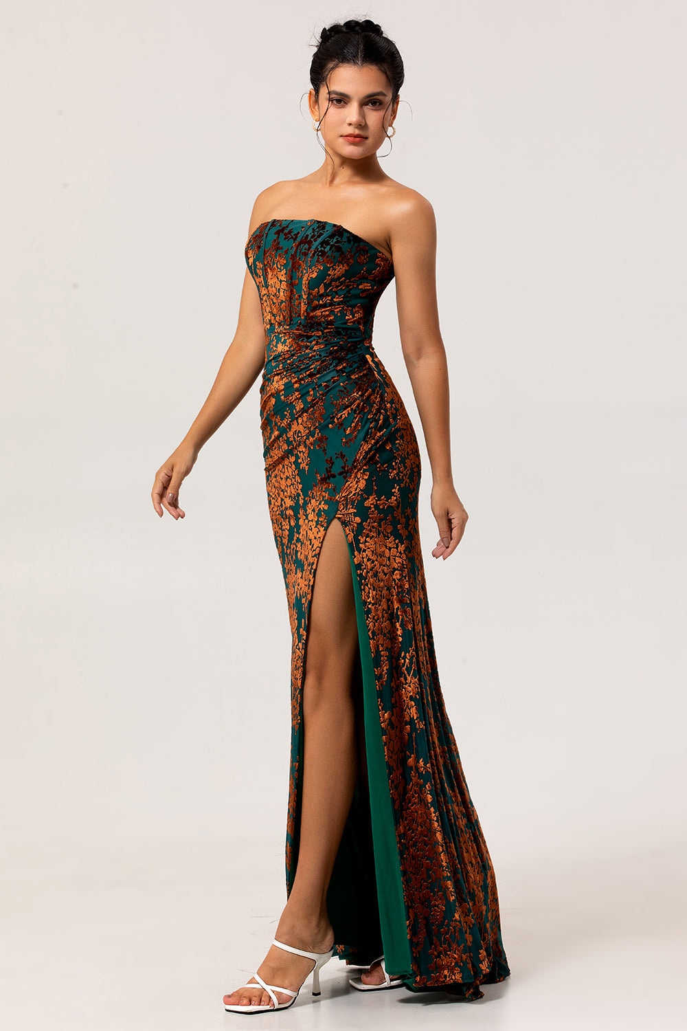 Peacock Green Corset Strapless Long Velvet Bridesmaid Dress with Slit