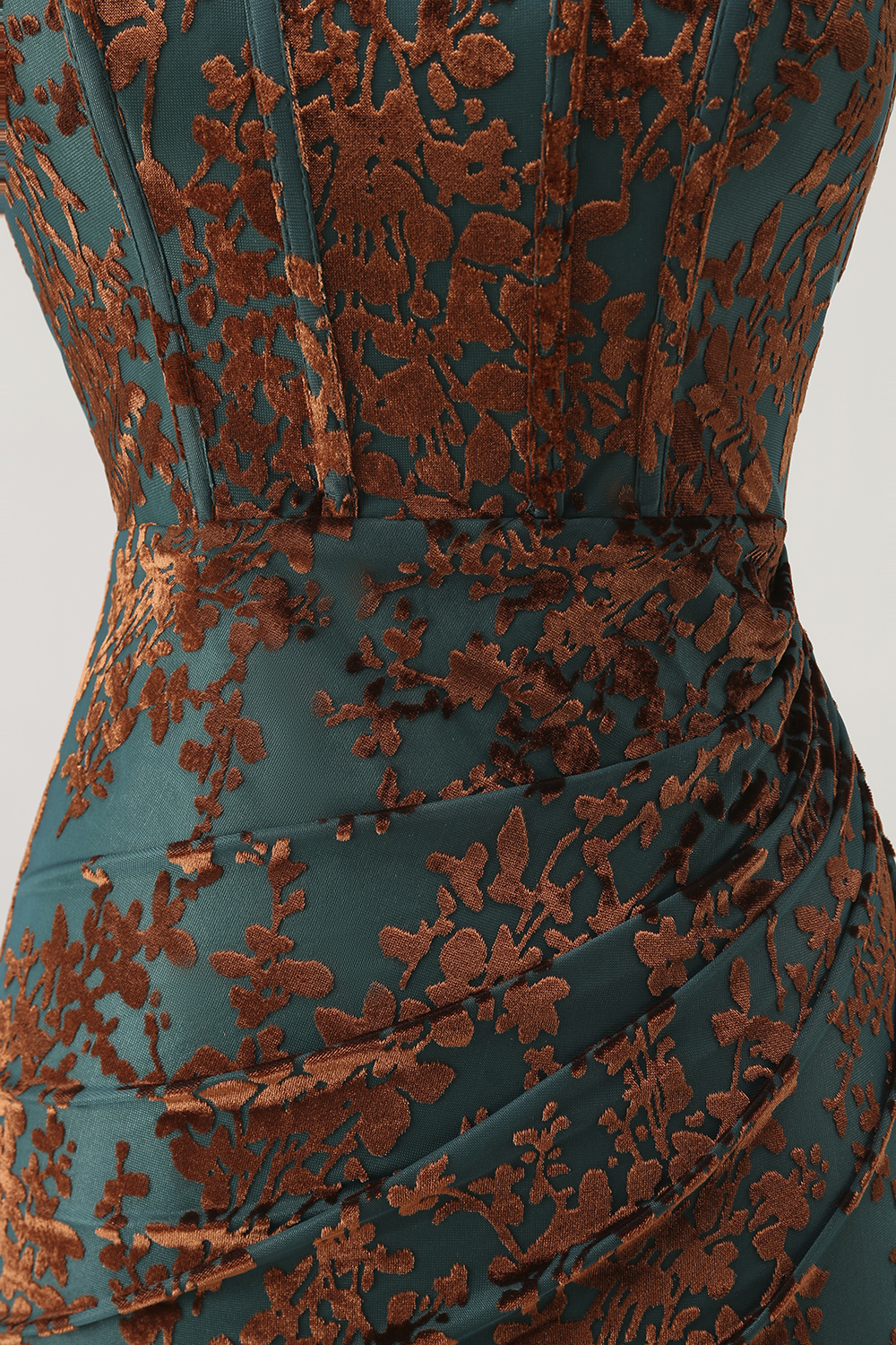 Peacock Green Corset Strapless Long Velvet Bridesmaid Dress with Slit