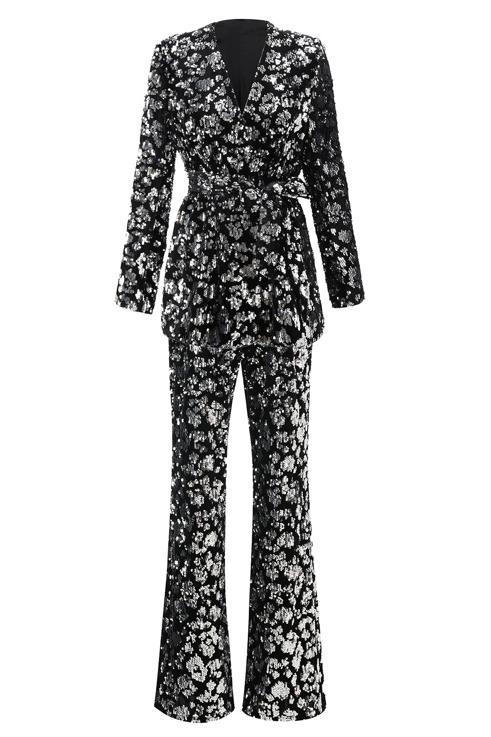 Sparkly 2 Piece Sequin Black Women Prom Suits with Sash