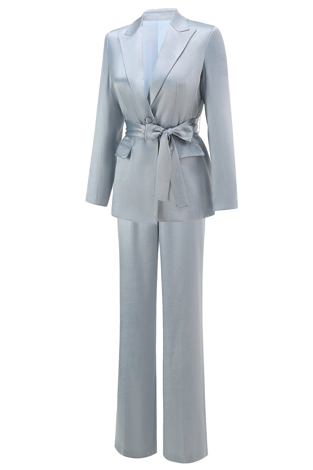 2 Piece Dusty Blue Satin Women Prom Suits with Sash