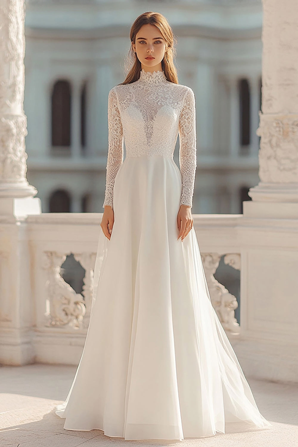 Ivory Long Sleeves High Neck Rehearsal Dinner Dress with Lace