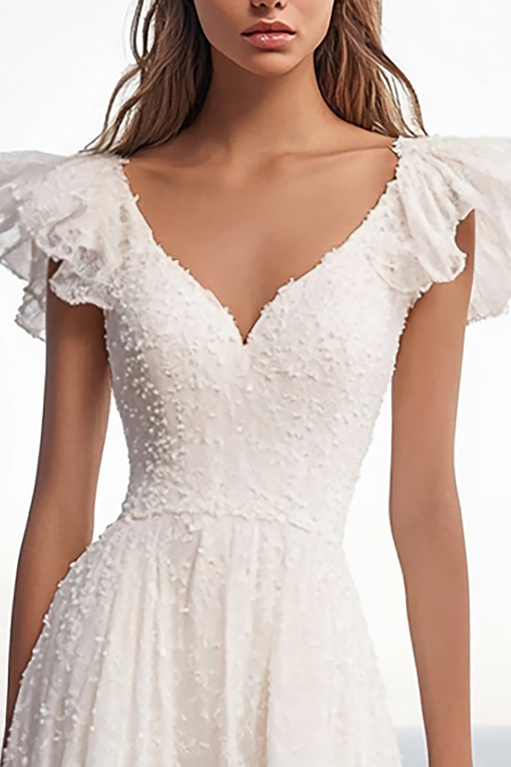 Ivory V-Neck Lace Maxi Rehearsal Dinner Dress with Ruffles