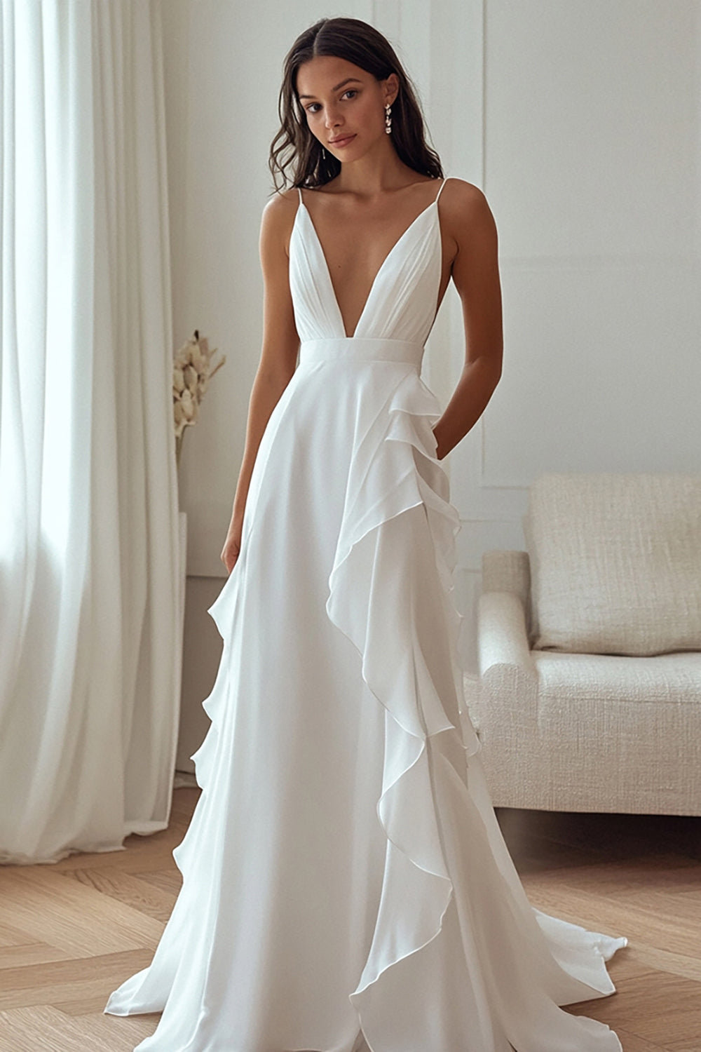 Ivory Deep V-Neck Maxi Chiffon Rehearsal Dinner Dress with Ruffles