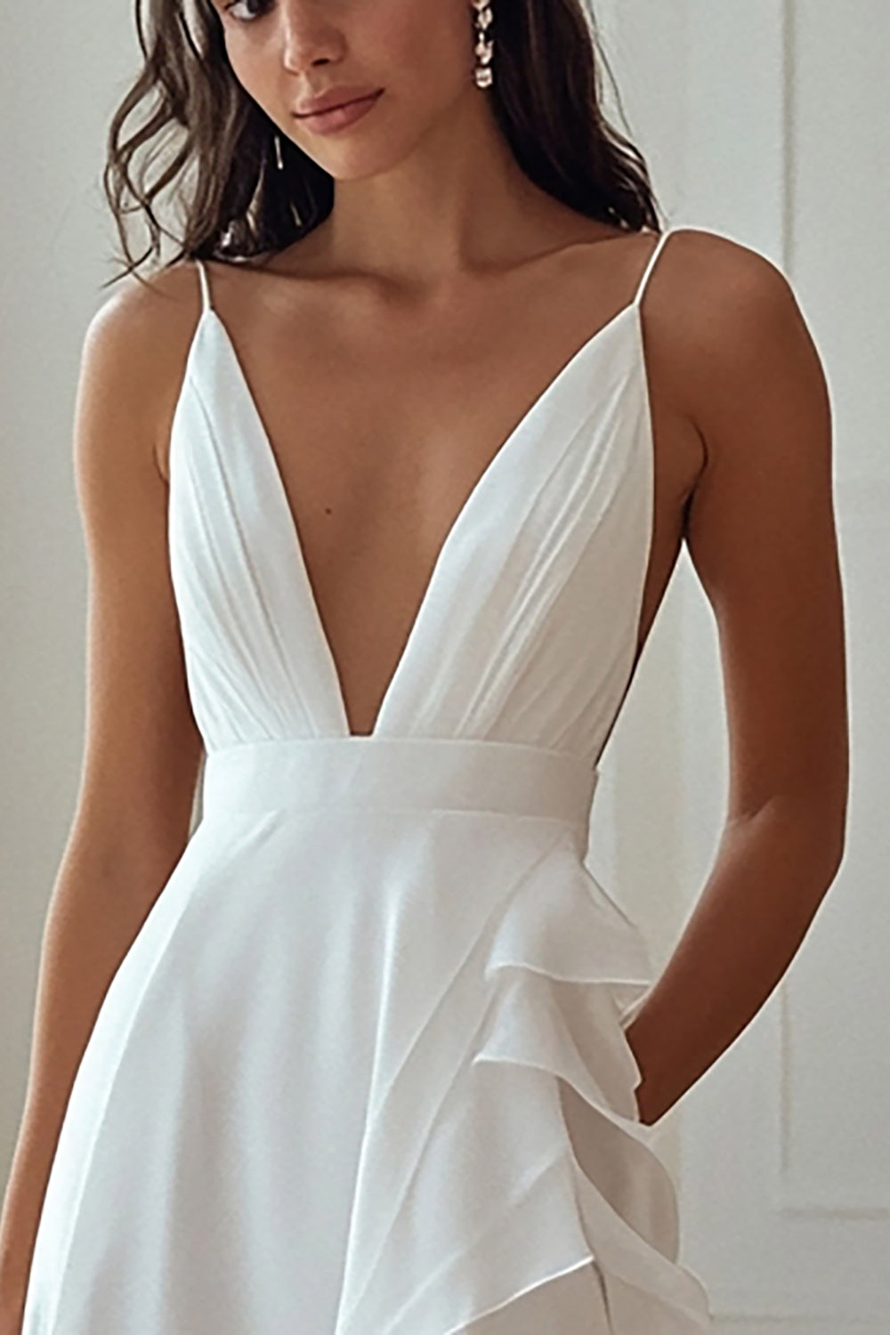 Ivory Deep V-Neck Maxi Chiffon Rehearsal Dinner Dress with Ruffles