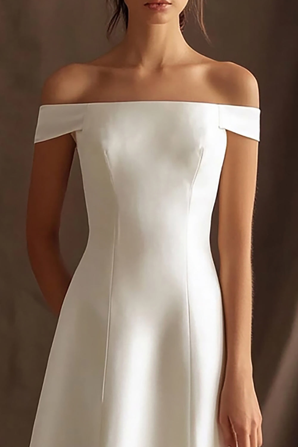 Simple Ivory Satin Off the Shouler Maxi Rehearsal Dinner Dress