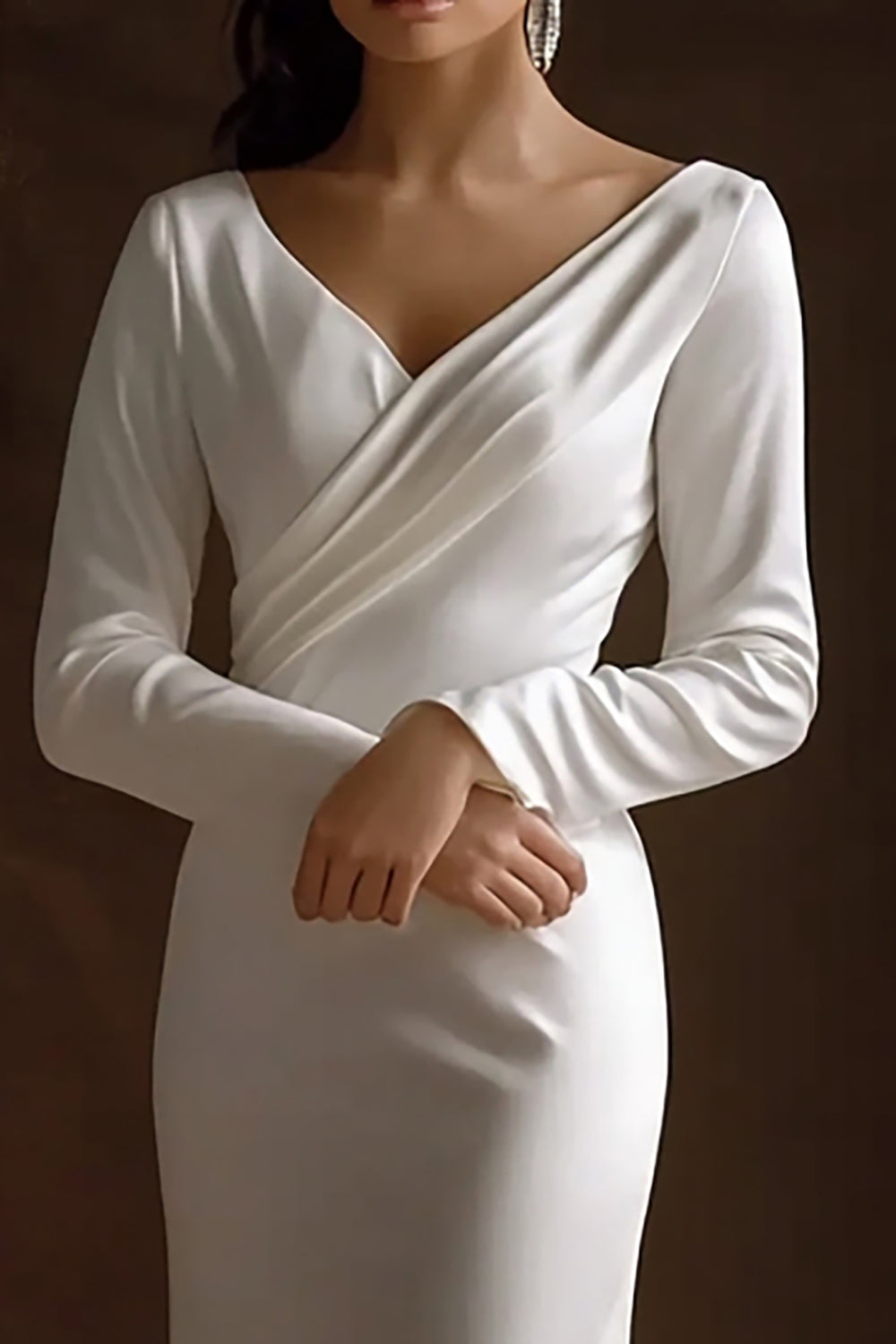 Simple Ivory Satin V-Neck Maxi Rehearsal Dinner Dress with Sleeves
