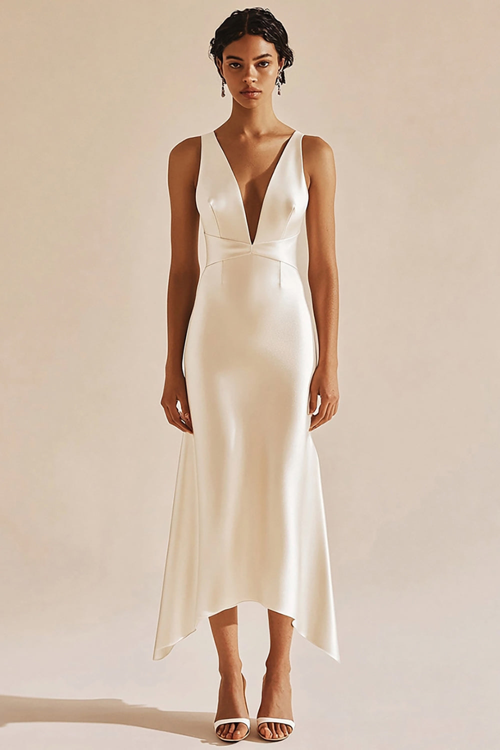 Simple Ivory V-Neck Sheath Satin Midi Engagement Dress