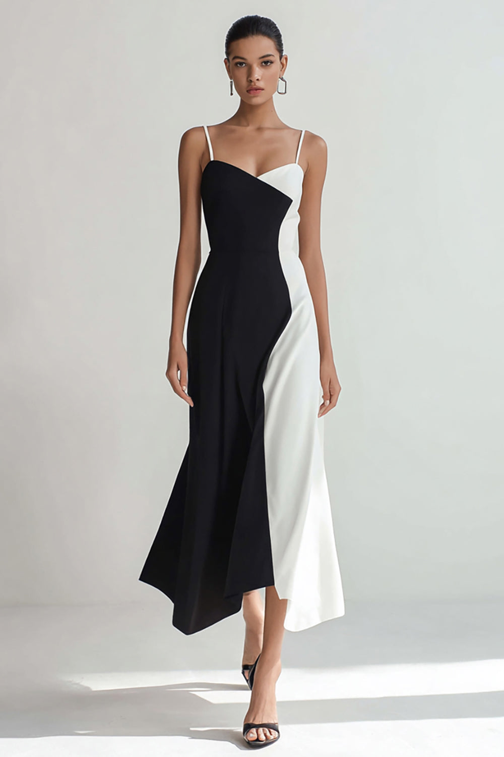Elegant Black and White Patchwork Spaghetti Straps Maxi Formal Dress