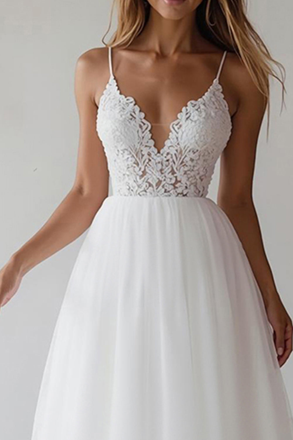 White Tulle Spaghetti Straps A Line Long Rehearsal Dinner Dress with Lace