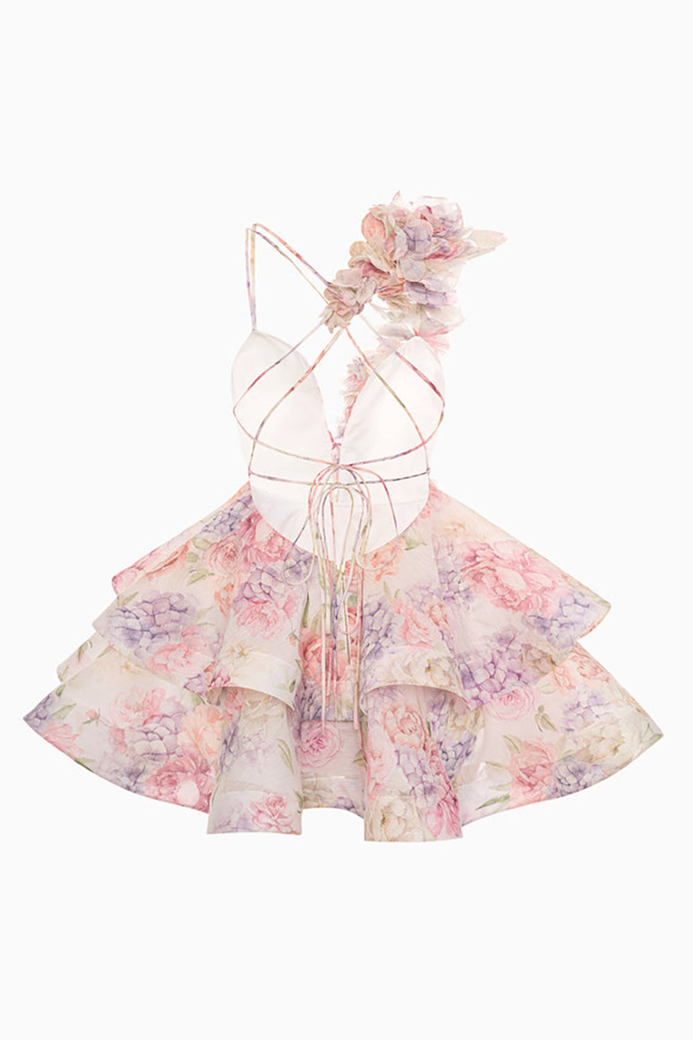 Pink Floral A Line Tiered Short Homecoming Dress with Ruffles