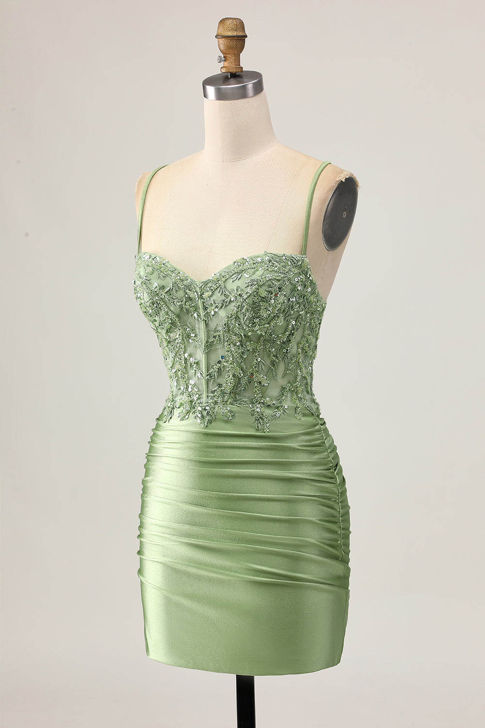 Sparkly Sage Green Corset Short Tight Homecoming Dress with Appliques