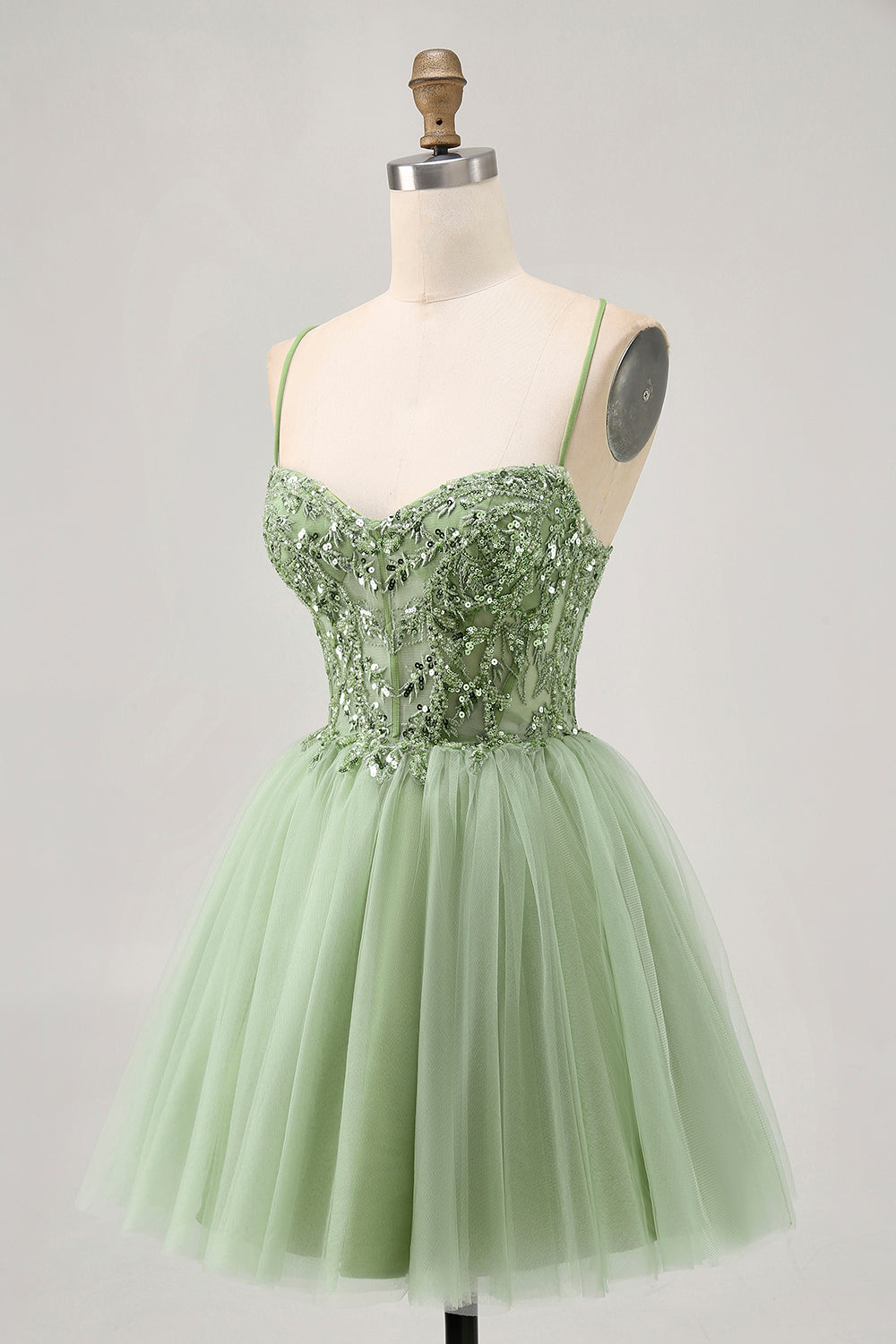 Sparkly Green A Line Tulle Short Corset Homecoming Dress with Beading