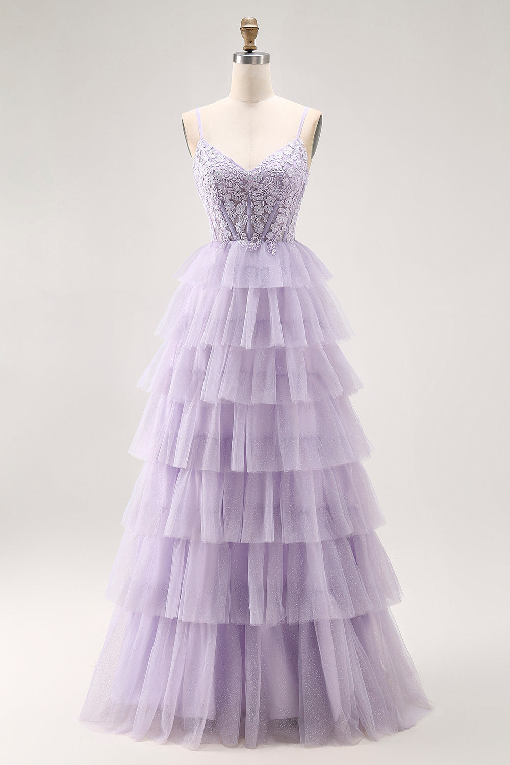 Glitter Lilac A-Line Tiered Lace-Up Back Long Corset Prom Dress with Lace