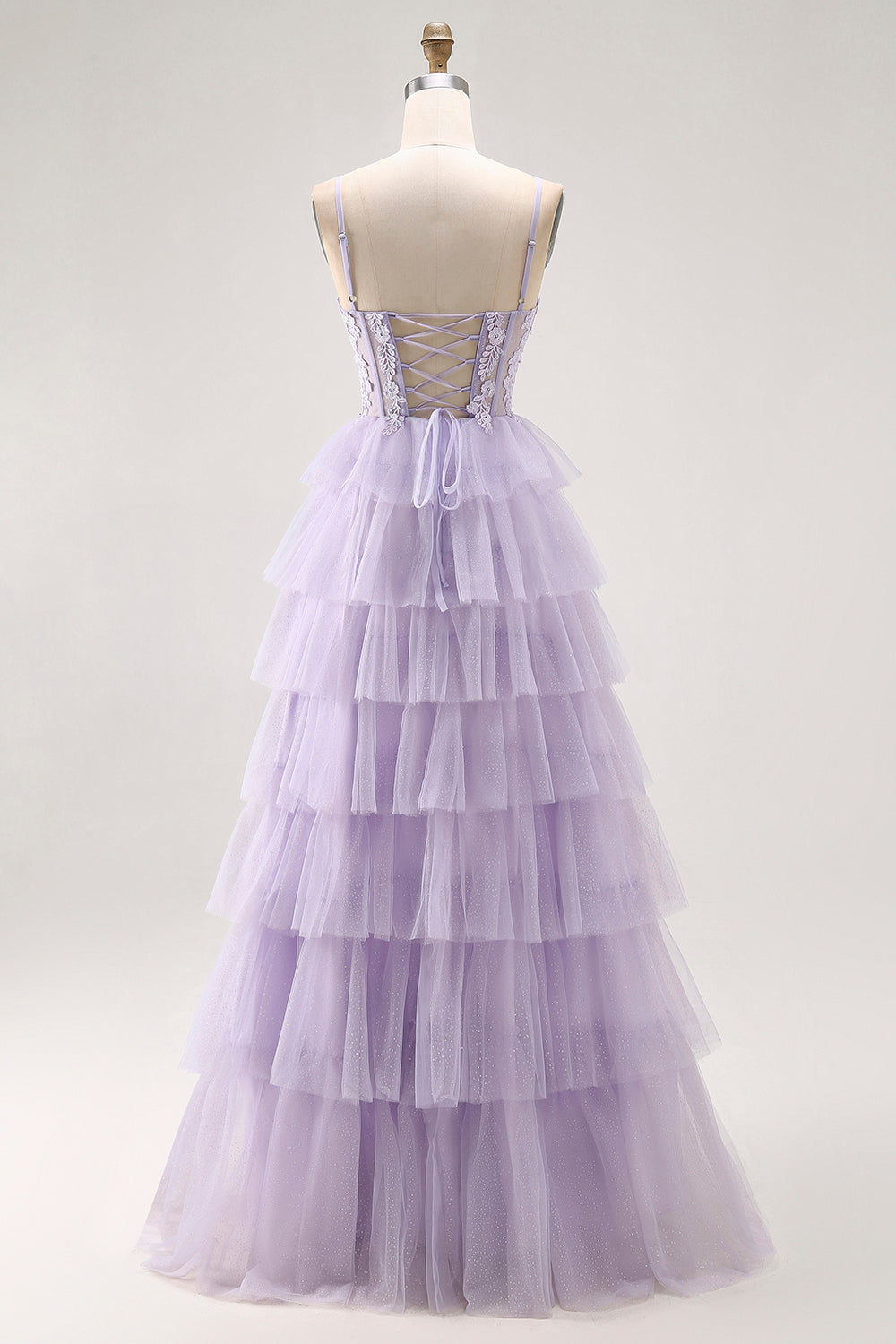 Glitter Lilac A-Line Tiered Lace-Up Back Long Corset Prom Dress with Lace