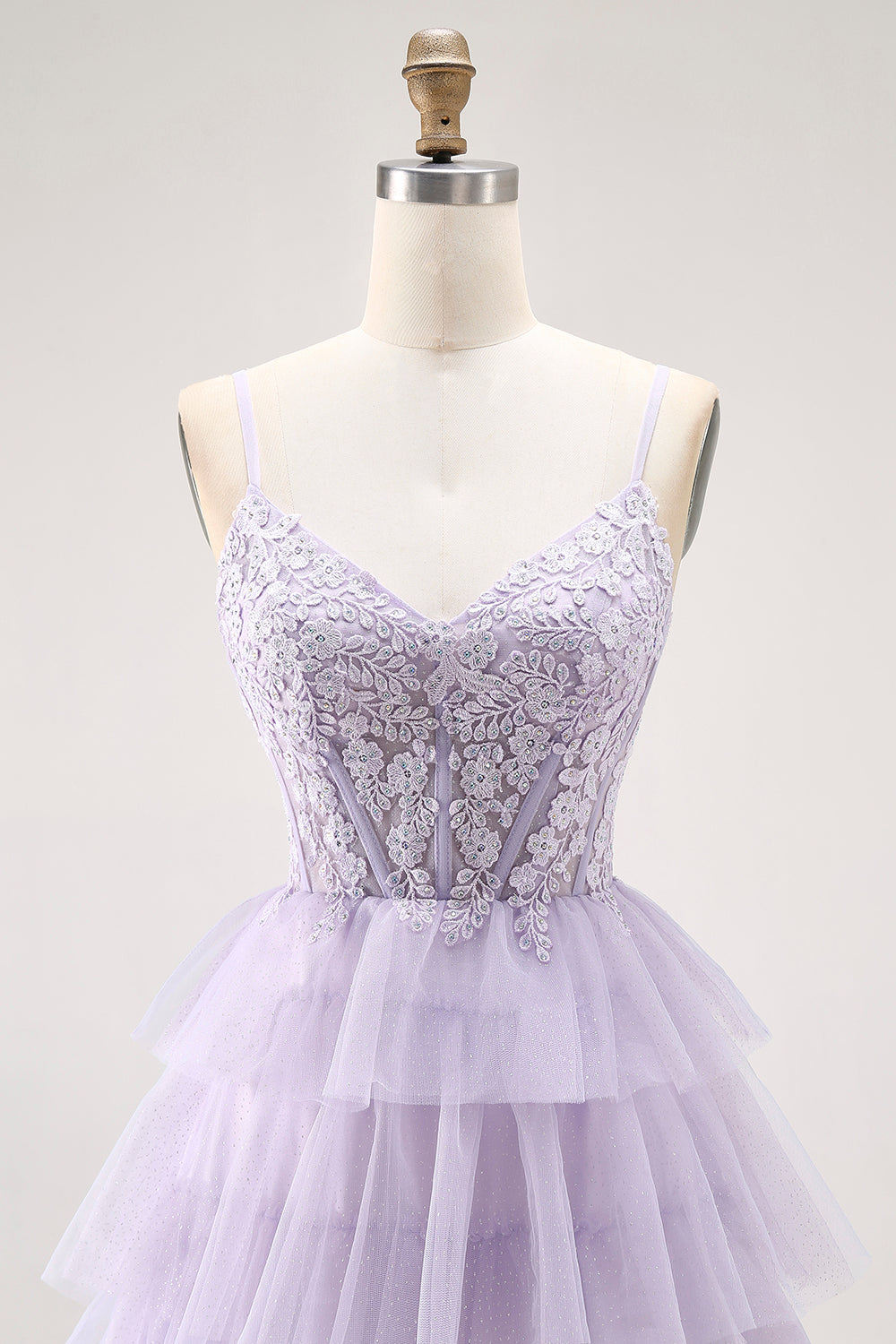 Glitter Lilac A-Line Tiered Lace-Up Back Long Corset Prom Dress with Lace