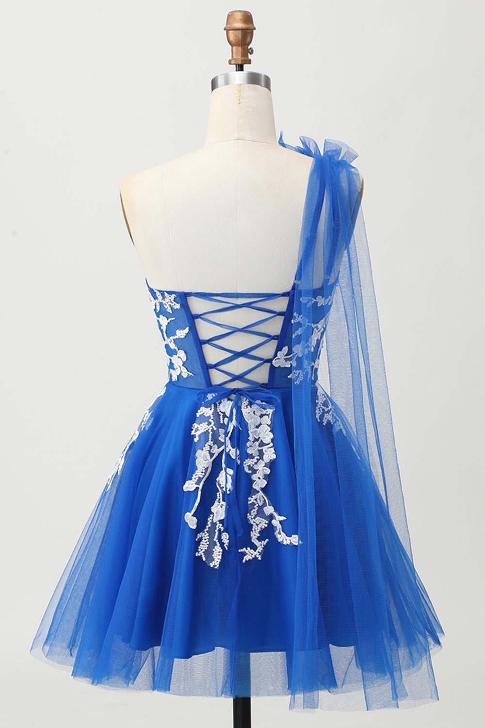 Royal Blue A Line One Shoulder Short Tulle Homecoming Dress with 3D Flowers