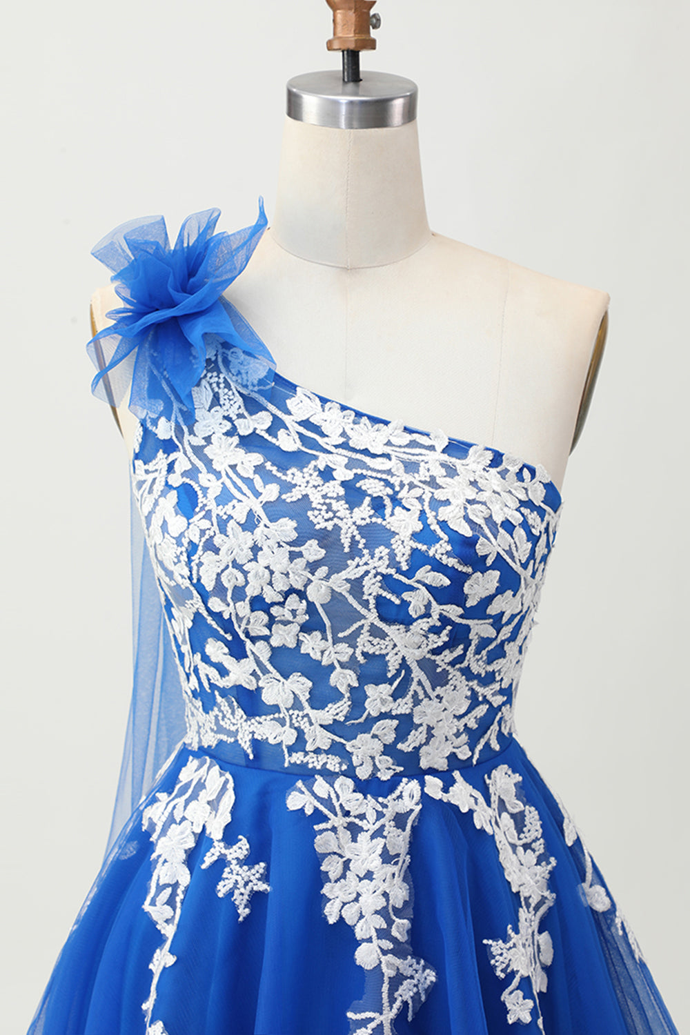 Royal Blue A Line One Shoulder Short Tulle Homecoming Dress with 3D Flowers