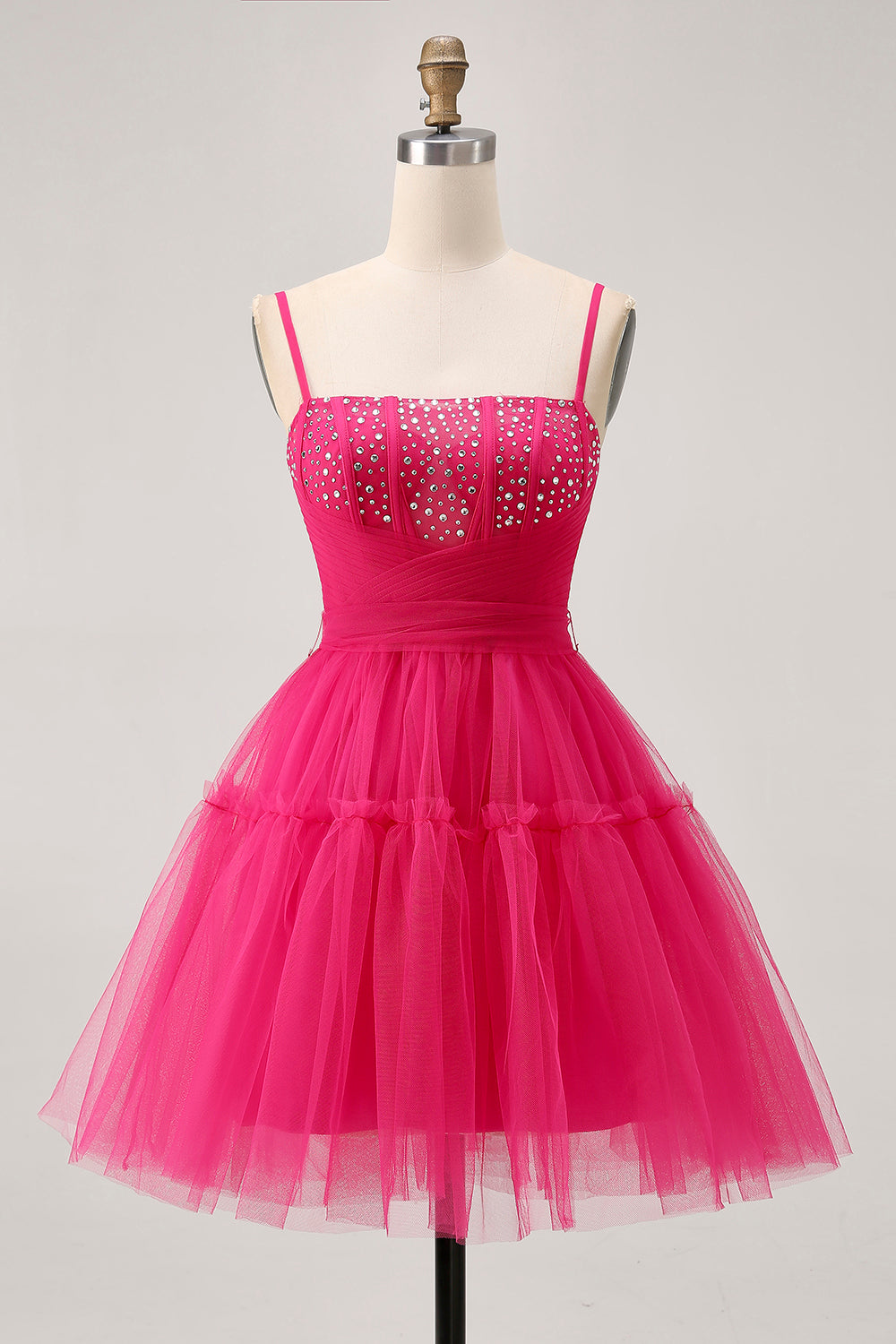 Sparkly Fuchsia A Line Short Tulle Homecoming Dress with Beading