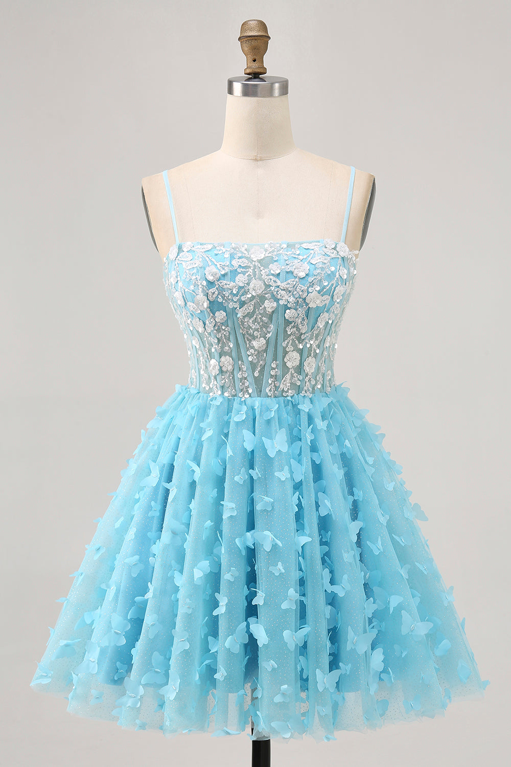 Sparkly Blue A Line Spaghetti Straps Floral Short Corset Homecoming Dress