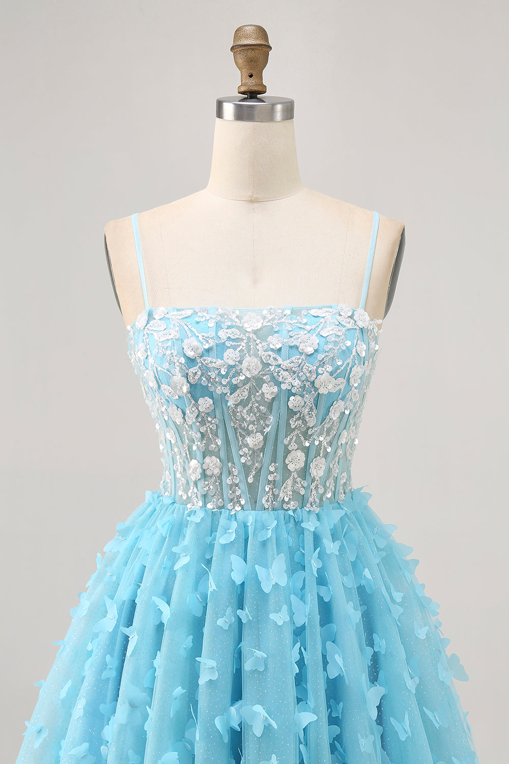 Sparkly Blue A Line Spaghetti Straps Floral Short Corset Homecoming Dress