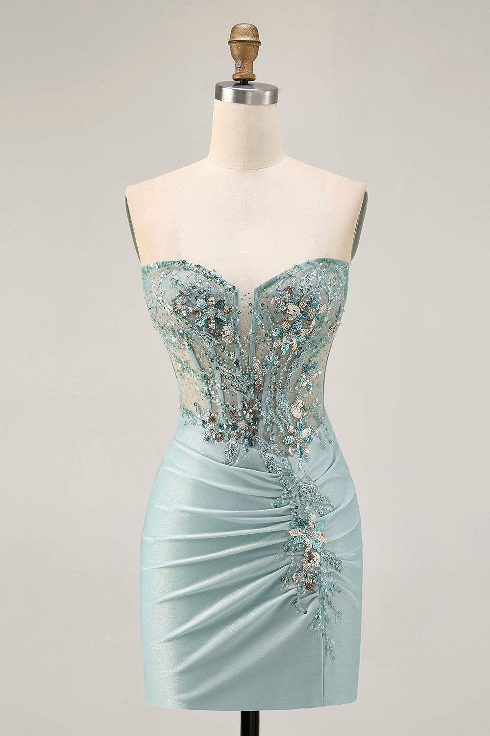 Sparkly Grey Green Bodycon Short Corset Homecoming Dress with Beading