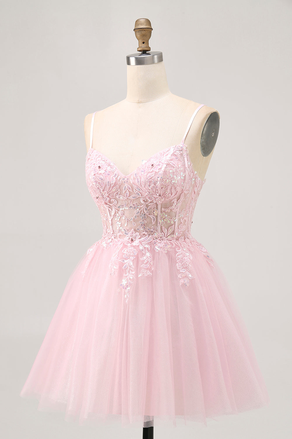 Sparkly Pink A Line Spaghetti Straps Short Corset Homecoming Dress with Appliques