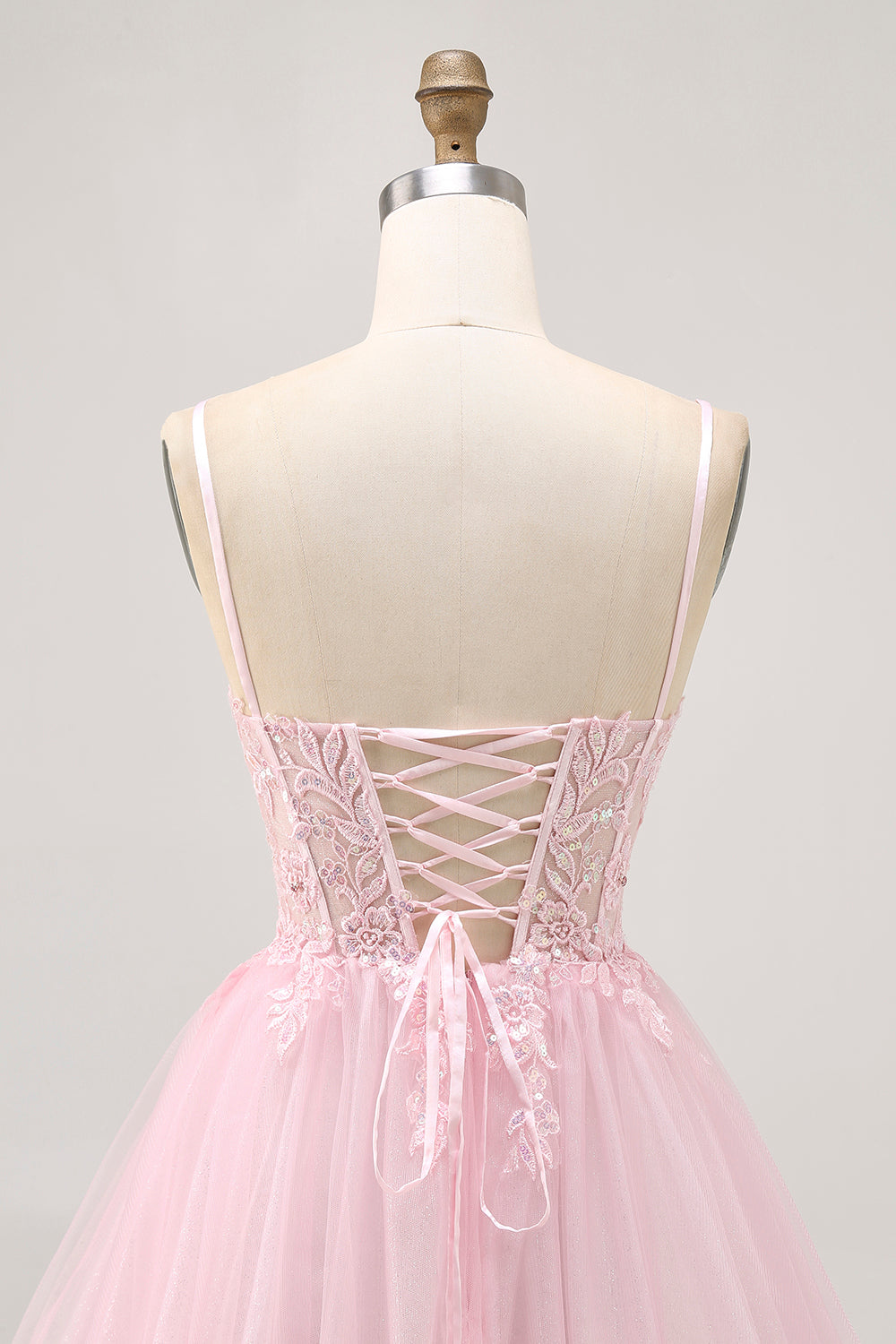 Sparkly Pink A Line Spaghetti Straps Short Corset Homecoming Dress with Appliques