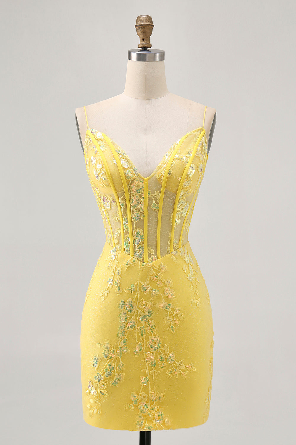 Sparkly Yellow Corset Tight Short Floral Homecoming Dress with Appliques